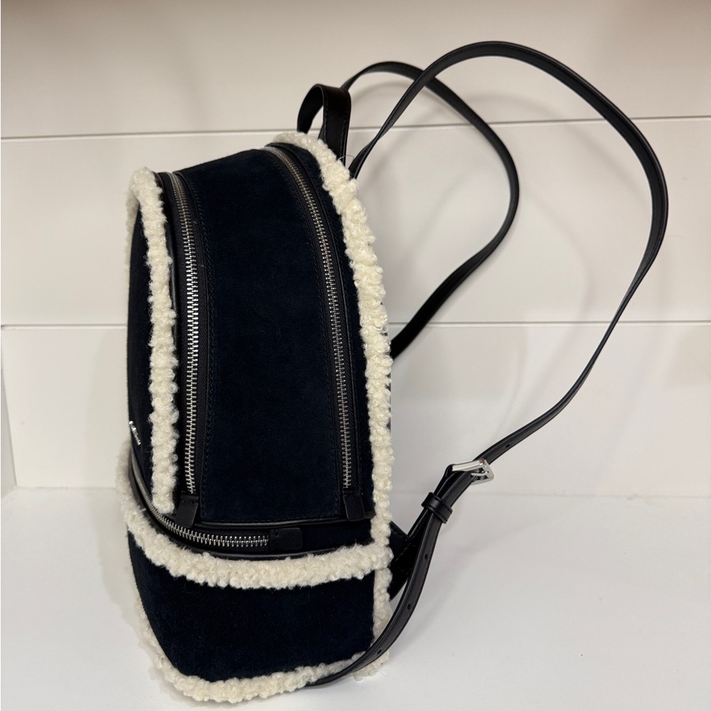 Michael Kors Rhea Medium Suede Leather and Faux Shearling Backpack in Black - Picture 5 of 12